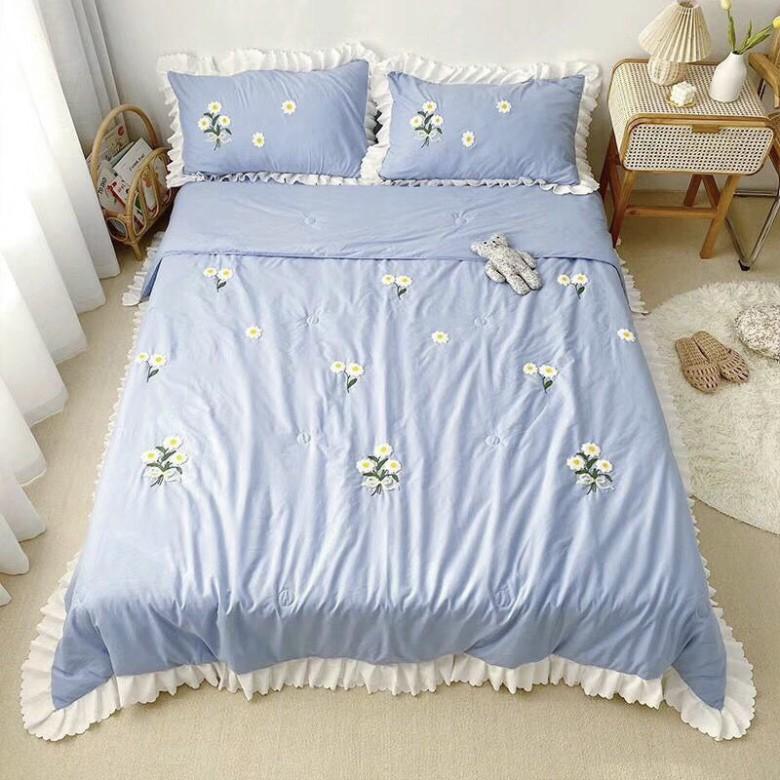 Bộ Chăn Ga Gối Cotton Đũi Chăn Chần Thêu Hoạ Tiết Hoa Cúc - Dâu Tây Trơn 1 Màu Chất Vải Siêu Mềm Mịn