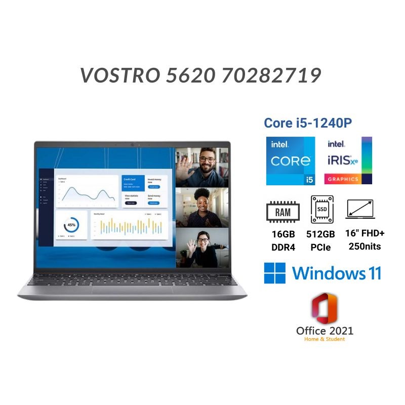 Laptop Dell Vostro 5620 i5 1240P/16GB/512GB/16"F/OfficeHS/Win11/(70282719)/Xám - Hàng chính hãng