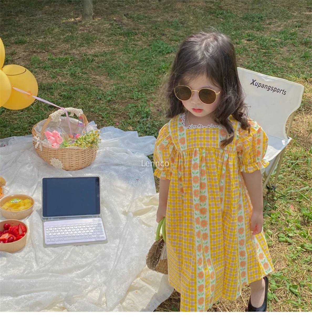 Váy hè bé gái tay bèo 9m-10 tuổi hoa phối kẻ vàng, Đầm babydoll cho bé hàng thiết kế vải thô nhẹ thoáng mát
