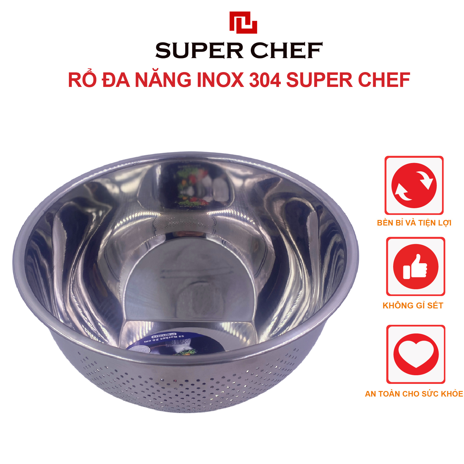 Rổ đa năng inox 304 Super Chef đa năng, tiện dụng 26 cm