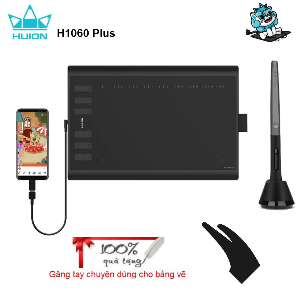Quà Tặng Kèm - Bảng vẽ cảm ứng Huion H1060P với bút PW100 không cần dùng pin có thể dùng cho điện thoại Android Hàng Chính Hãng HUION H1060P Graphic Tablet 8192 Pen Pressure Battery-Free Digital Stylus Drawing Tablet OTG Adapter Android Phone Connection