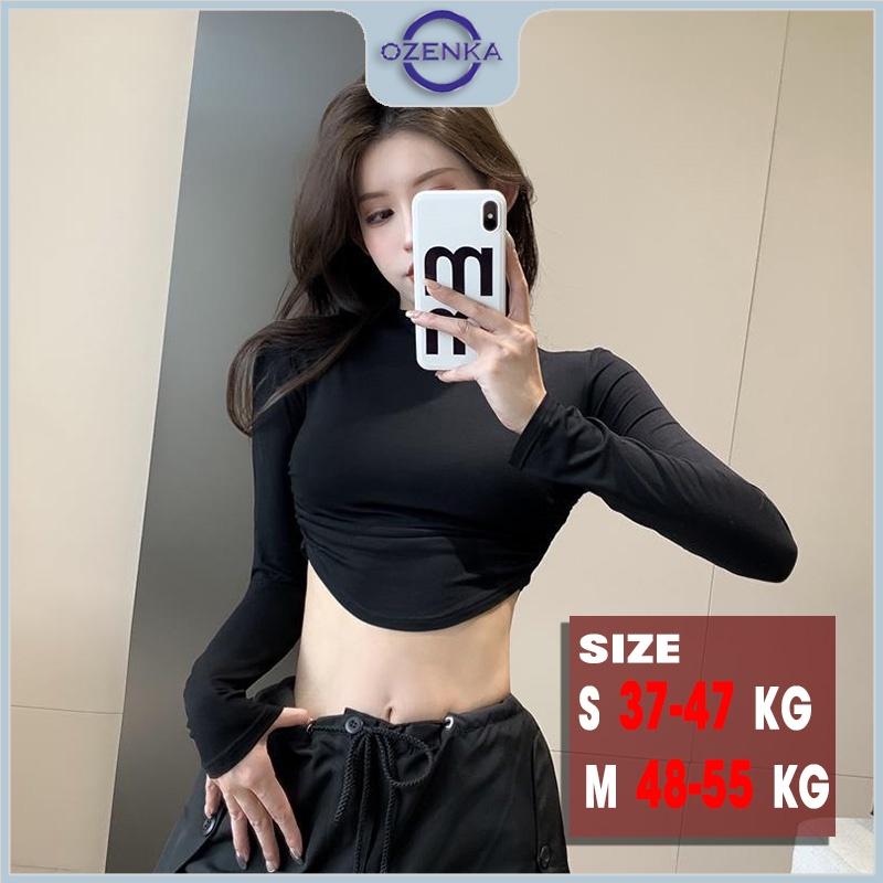 Áo croptop tay dài cổ lọ ôm nữ ozenka,áo crt kiểu cổ cao 3 phân rút eo vạt bầu tôn dáng màu đen trắng dưới 55 kg