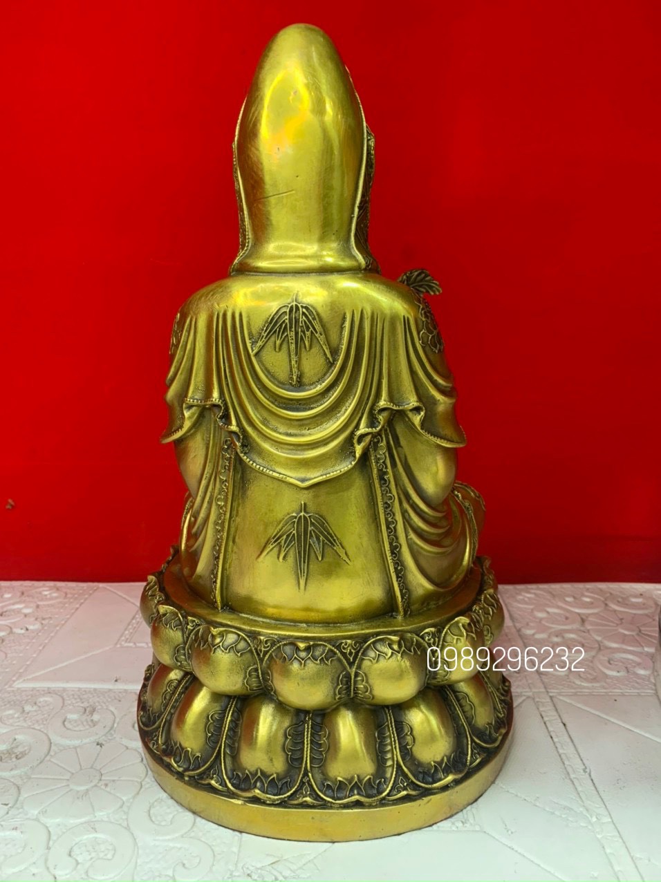 TƯỢNG QUAN ÂM áo hoa bằng đồng vàng - Quan Âm cao 37cm