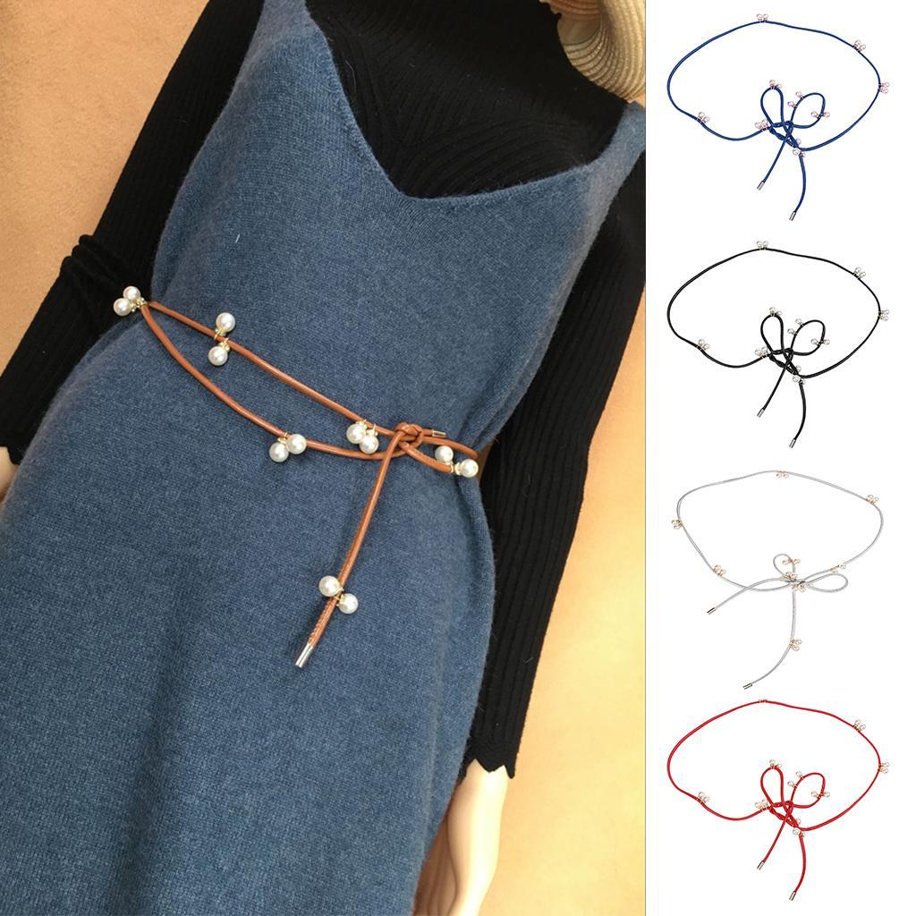New Stylish Women Leather Pearl Decor Waist Belt Thin Strap Dress Waistband