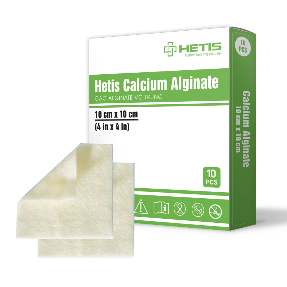 Gạc vết thương Hetis Calcium Alginate vô trùng chiết xuất rong biển - Dành cho vết loét, hút dịch cầm máu tốt, hỗ trợ liền thương nhanh