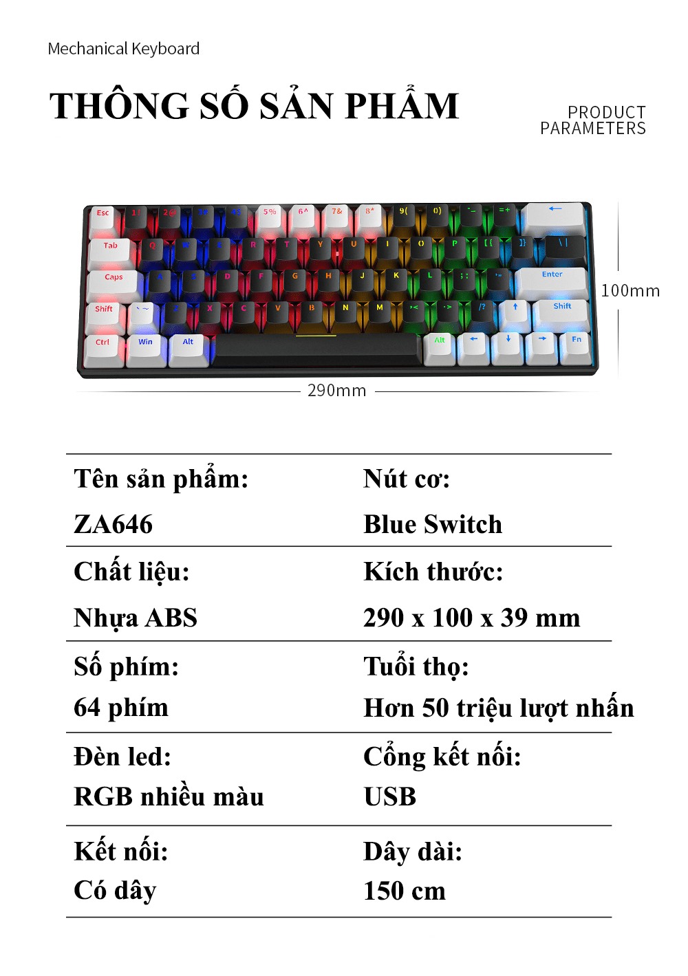 Bàn phím cơ Blue Switch ZIFRIEND KA6406 với thiết kế mini size vô cùng nhỏ gọn kèm theo đèn led RGB - HÀNG CHÍNH HÃNG