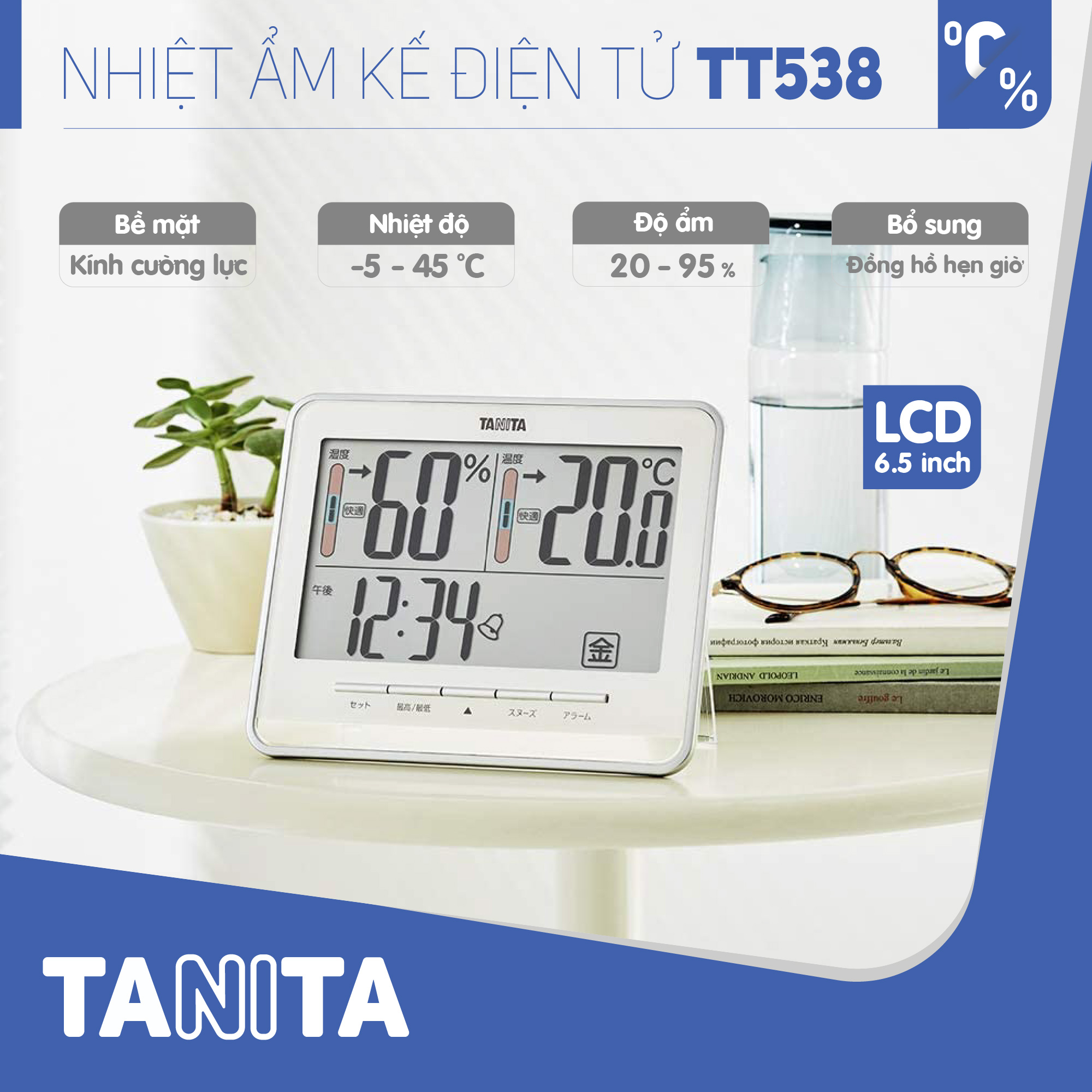 Nhiệt ẩm kế điện tử TANITA TT538 chính hãng nhật bản,thiết bị đo độ ẩm nhiệt độ chính xác,màn hình rõ ràng,hiển thị ngày giờ chuông báo thức,có lỗ treo,để bàn phù hợp trong phòng lạnh, bệnh viện, gia đình có trẻ sơ sinh