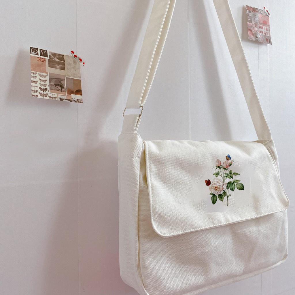 Size lớn_có khóa + túi con có khóa _TÚI tote CHÉO BÔNG HOA CHẤT VẢI CANVAS DÁNG UNISEX NAM NỮ