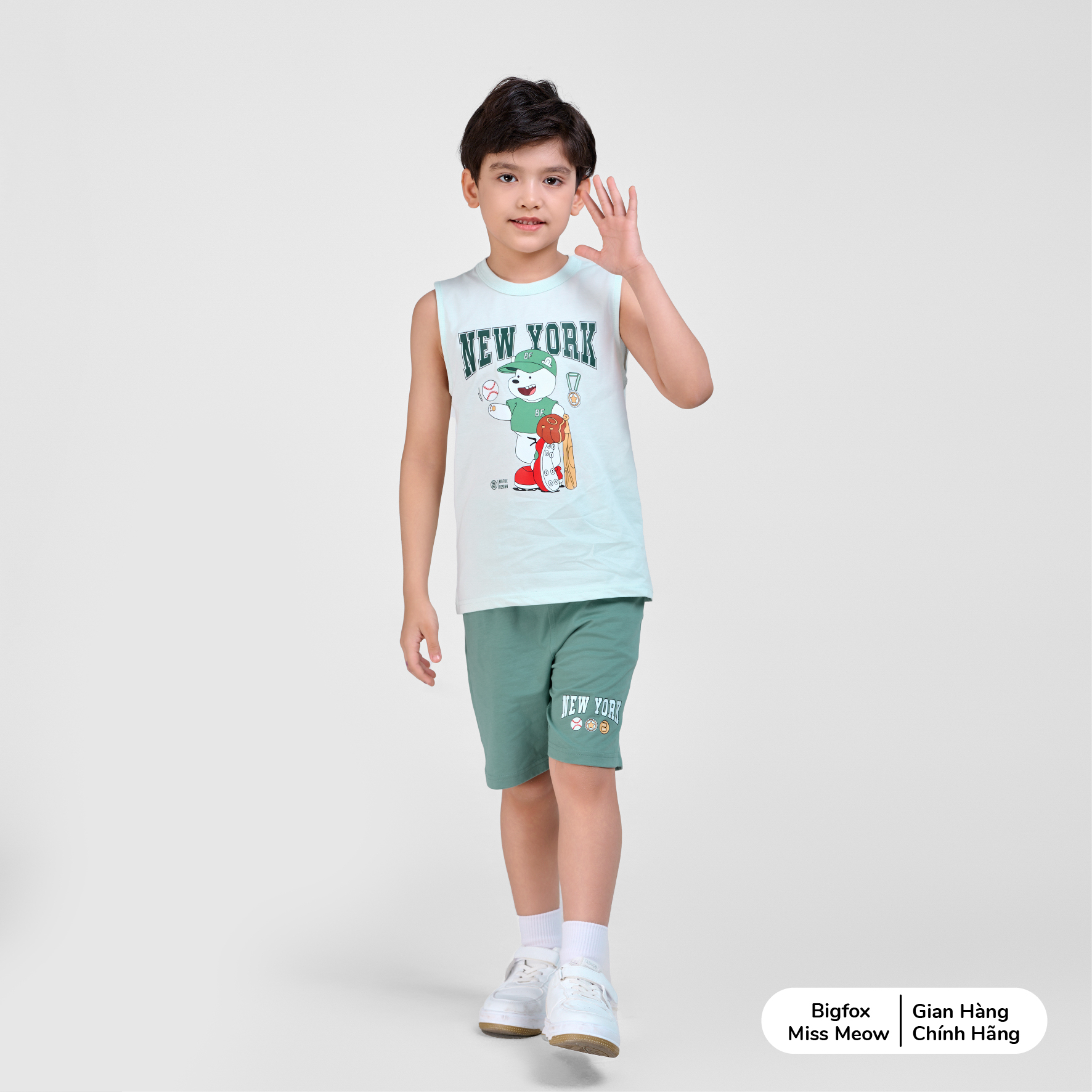 Bộ ba lỗ cho bé trai Bigfox Miss Meow chất cotton in Gấu size đại 3,7,9,11 tuổi 30kg 40kg