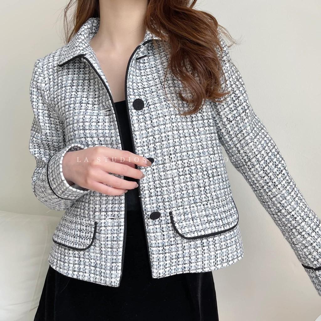 Áo khoác dạ tweed họa tiết xanh đen Hàn Quốc