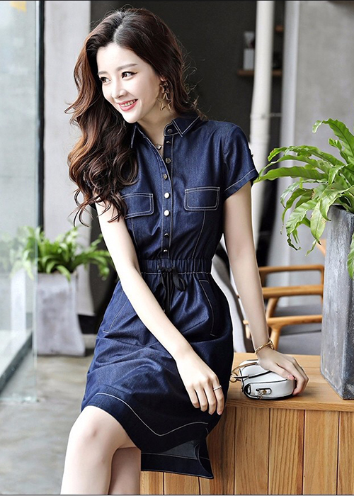 Đầm Jean Nữ Ngắn Tay Cổ Bẻ Lai Bầu