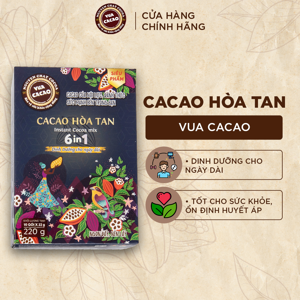 Bột cacao hòa tan 6 in 1, VUA CACAO hảo hạng tăng cường năng lượng, cung cấp dinh dưỡng cho ngày dài - Hộp 10 gói x 220g