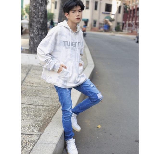 Quần Jeans Nam Streetwear Cao Cấp TLB Vietnam, Quần Bò Màu Xanh Form Skinny Jeans Rách Gối Co Giãn