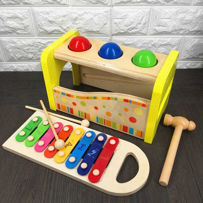 Trò chơi đập banh kết hợp đàn gõ Xylophone size lớn bằng gỗ, búa đập bóng đa năng banh lớn an toàn