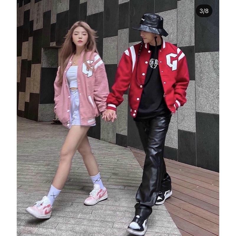 Áo khoác bóng chày bomber kaki nhung gân 1 lớp thêu G sọc tay unisex ulzzang nam nữ