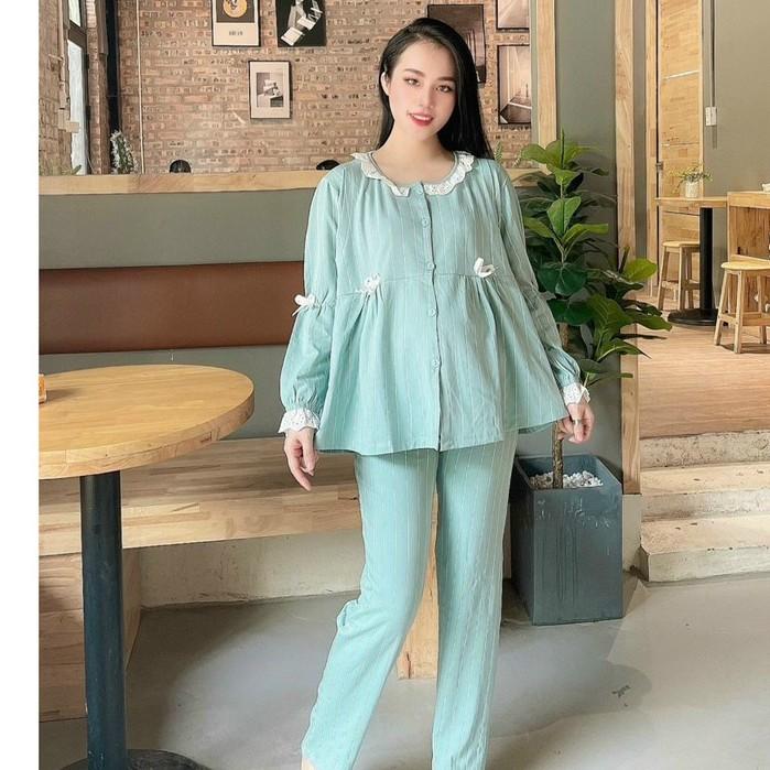 Bộ đồ bầu DÀI TAY COTTON kết hợp bầu và sau sinh_ Bộ đồ mặc nhà cổ bèo