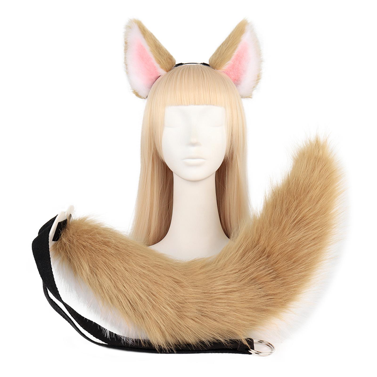 Ears and Long Tail Set Hair Hoop Cosplay Cat Ear Plush Wolf Ears Handmade Headdress Headwear for Performance Christmas Prom Party Adults