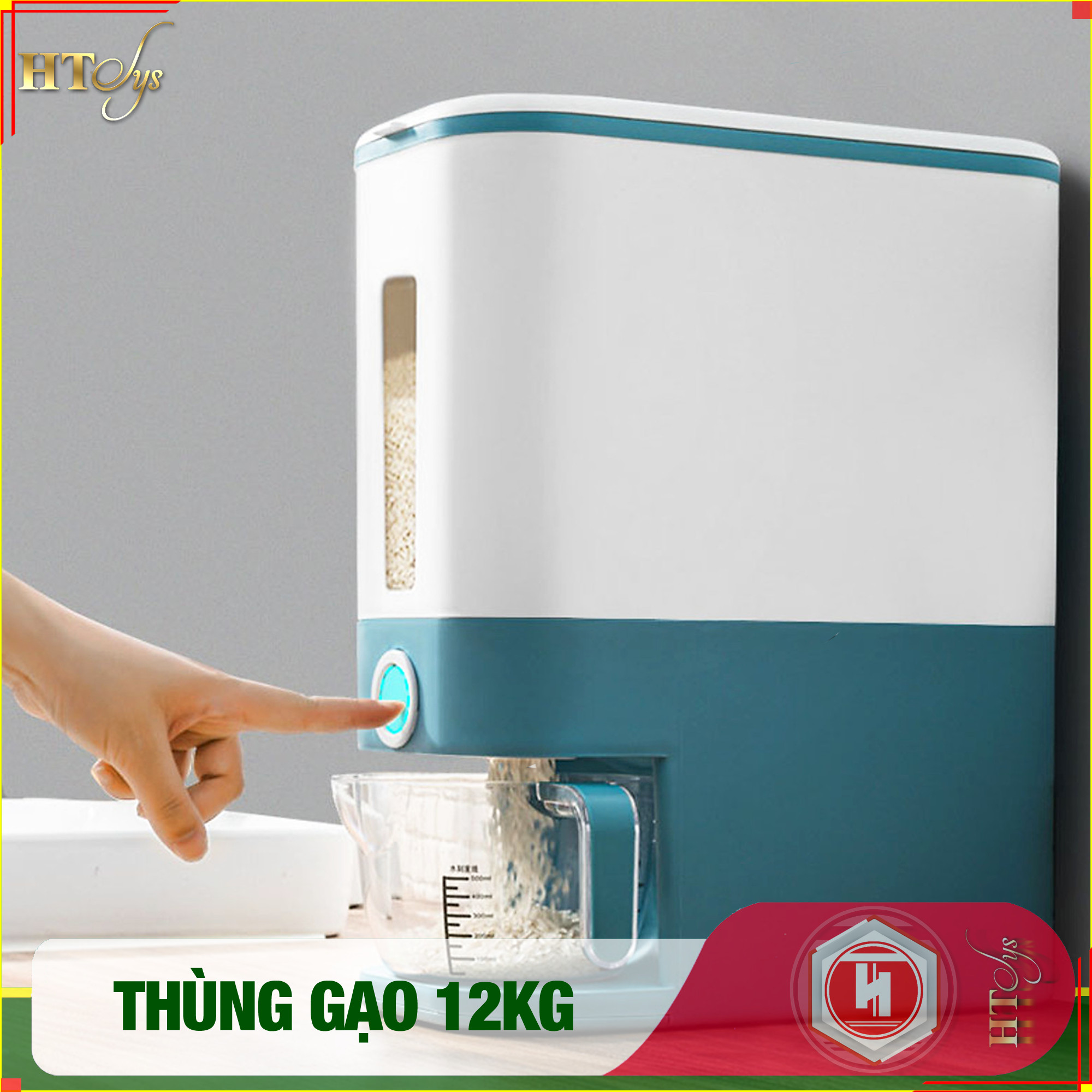 01 Thùng đựng gạo thông minh 12kg HT SYS, thiết kế dạng nhấn nút, chất liệu ABS cao cấp + 01 Vỉ móc Vàng Tài Lộc + 04 Khăn lau siêu thấm