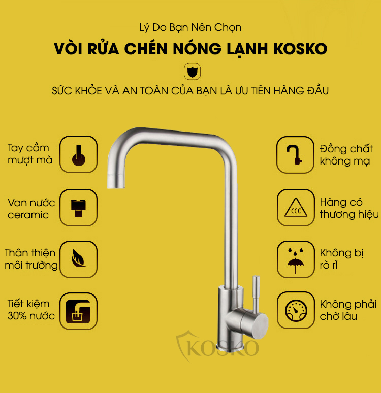 Vòi nước rửa chén KOSKO inox 304, vòi rửa chén bát tròn vuông nóng lạnh phù hợp với nhiều loại bồn rửa chén và chậu rửa bát chén khác nhau