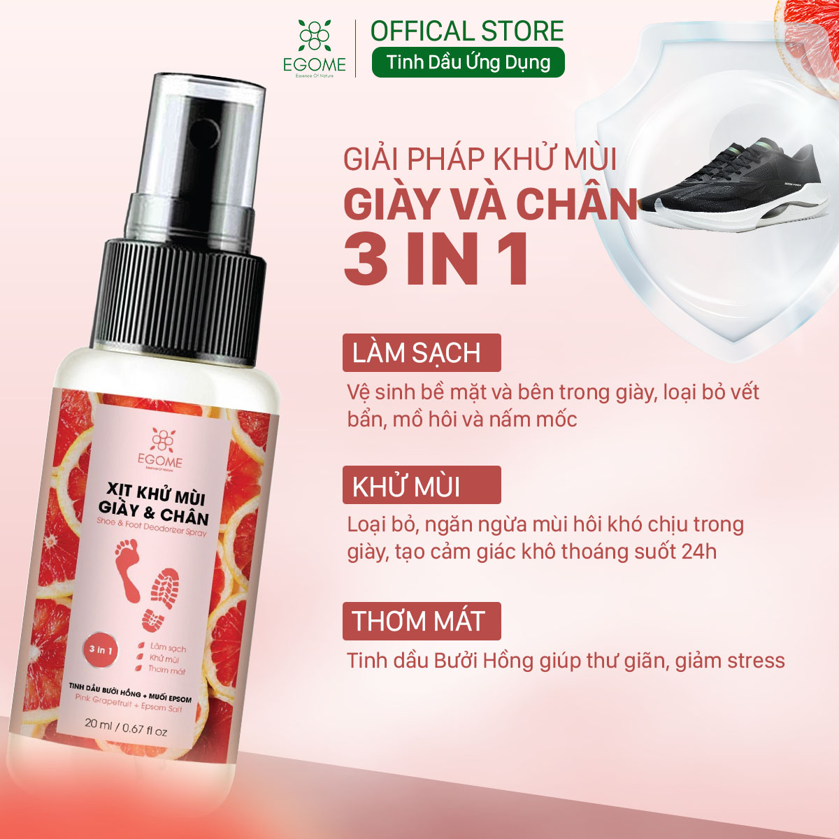 Xịt Khử Mùi Giày Và Chân Egome Tinh Dầu Bưởi Hồng làm sạch và thơm mát 20ml