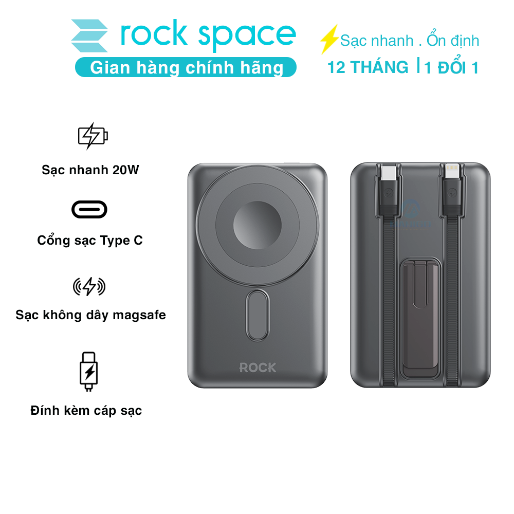 Pin Sạc dự phòng không dây nam châm 5-in-1 ROCK P50 10000mAh 20W tích hợp chân đế giữ điện thoại - Hàng chính hãng bảo hành 12 tháng