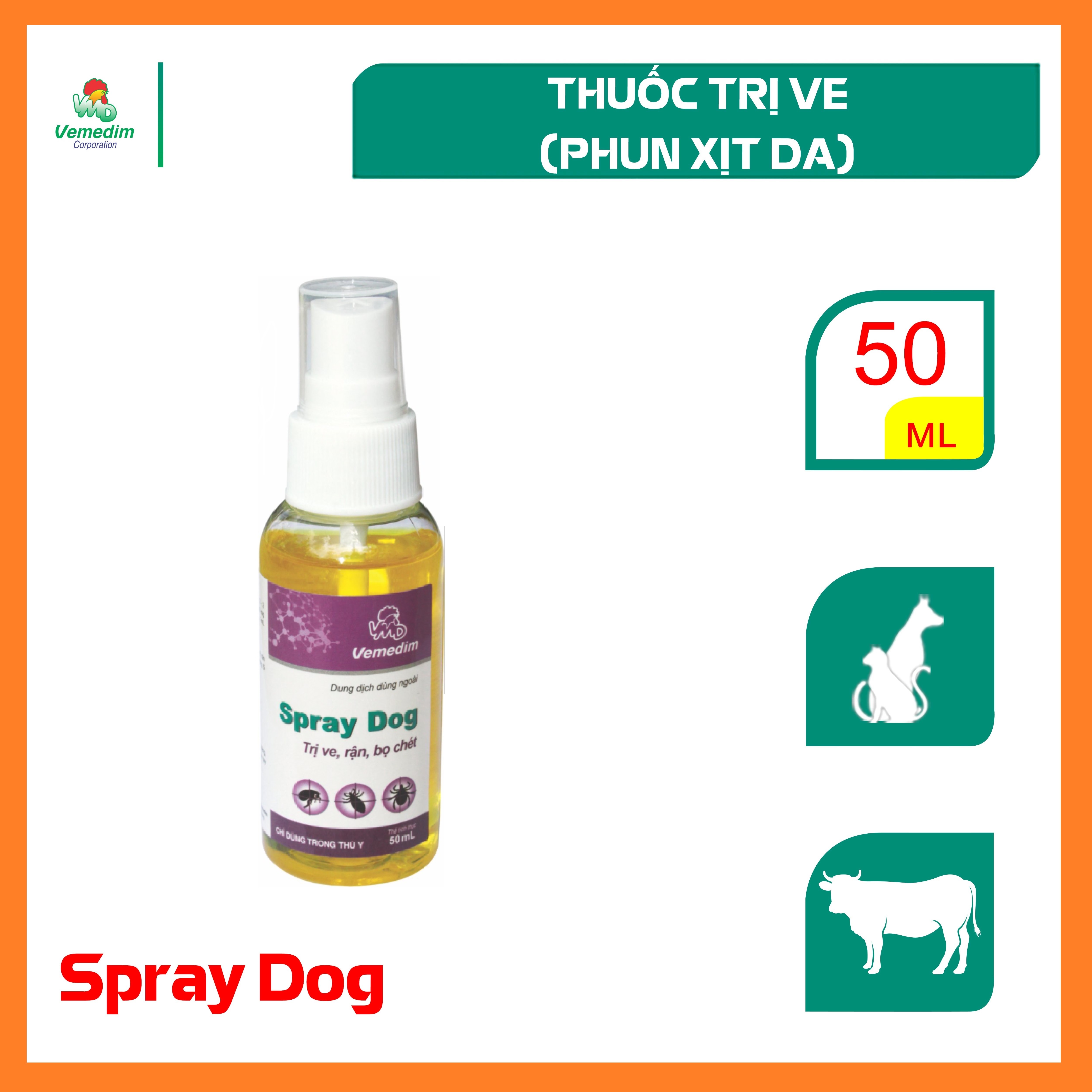 SPRAY DOG Dung dịch phun trị ve, rận, bọ chét ở chó, trâu, bò, chai 50ml, sản phẩm Vemedim