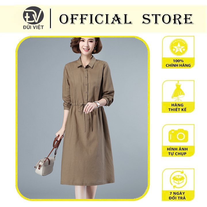 Đầm Công Sở Thu Đông mới, Váy Sơ Mi nữ Chất Linen Màu Nâu Thời Trang Đũi Việt
