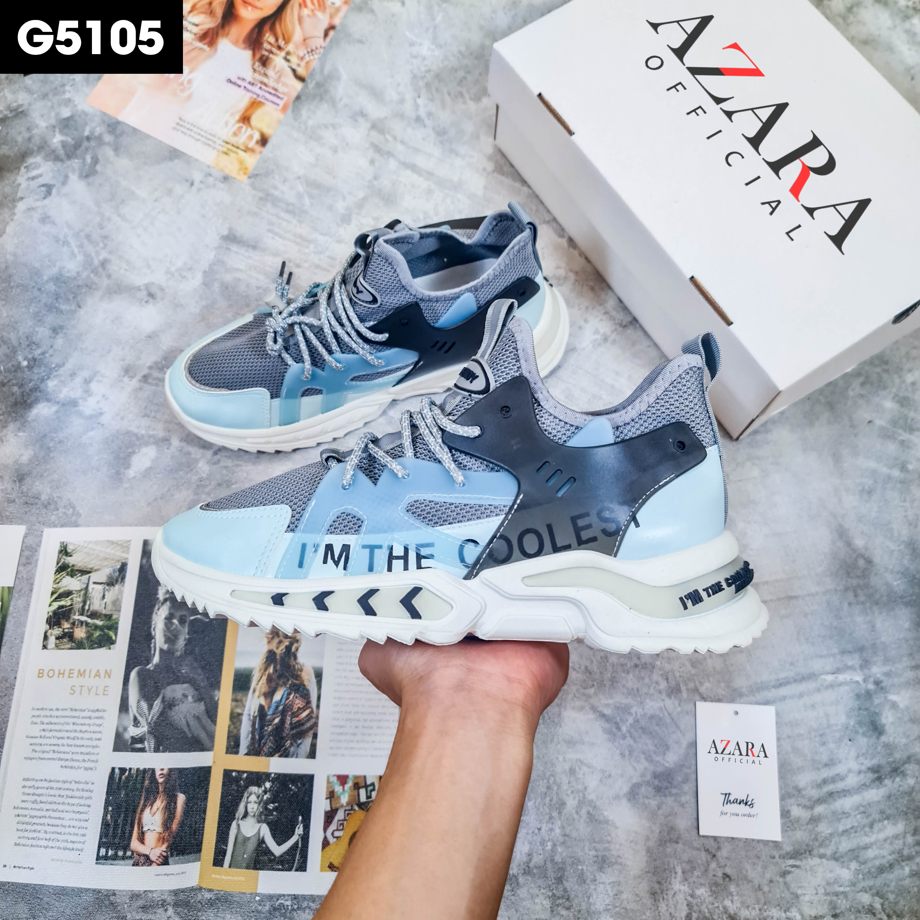 Giày Thể Thao Nam AZARA - Giày Sneaker Màu Xám - Đen - Trắng, Giày Thể Thao Nam Sneaker, Đế Cao, Phối đồ Cực Chất - G5105