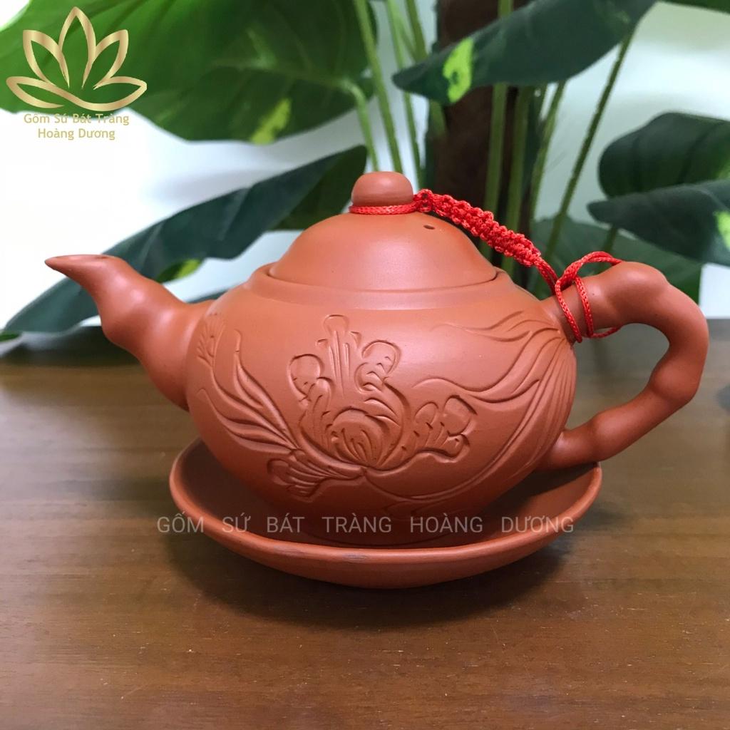 Bộ ấm chén đất nung Bát Tràng khắc hoa Phù dung đỏ 280ml
