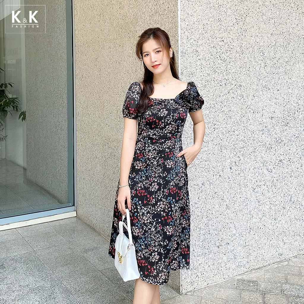 Đầm Đen Hoa Dáng Xòe Cổ Vuông K&amp;K Fashion KK130-27 Chất Liệu Tằm Ý Sớ Gân