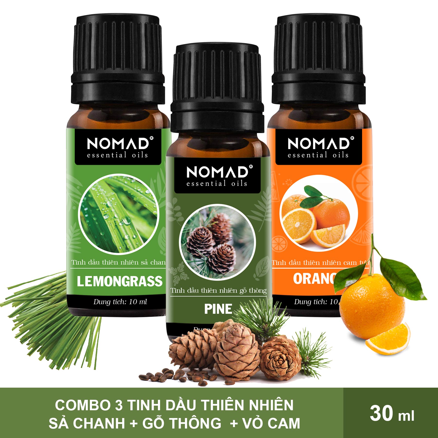 Combo 3 Tinh Dầu Nguyên Chất Nomad: Tinh Dầu Sả Chanh (10ml) + Tinh Dầu Gỗ Thông (10ml) + Tinh Dầu Vỏ Cam 10ml)