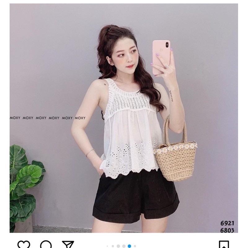 Áo kiểu nữ cổ yếm sợi móc mix vải thô boi viền hoa phong cách Hàn Quốc