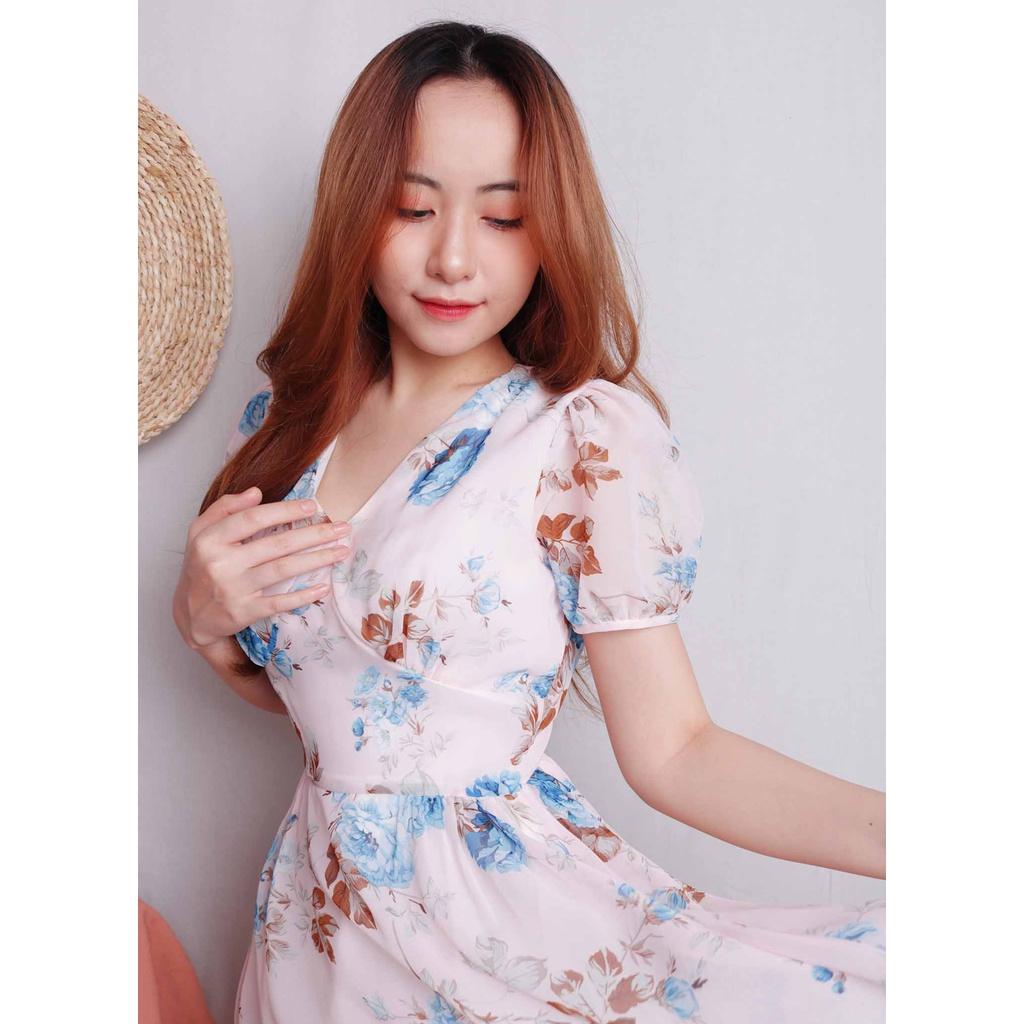 Đầm voan hoa dáng xòe thiết kế đẹp cổ v màu hồng phai rất sang chảnh hợp đi tiệc đi làm - Thời trang Lux W