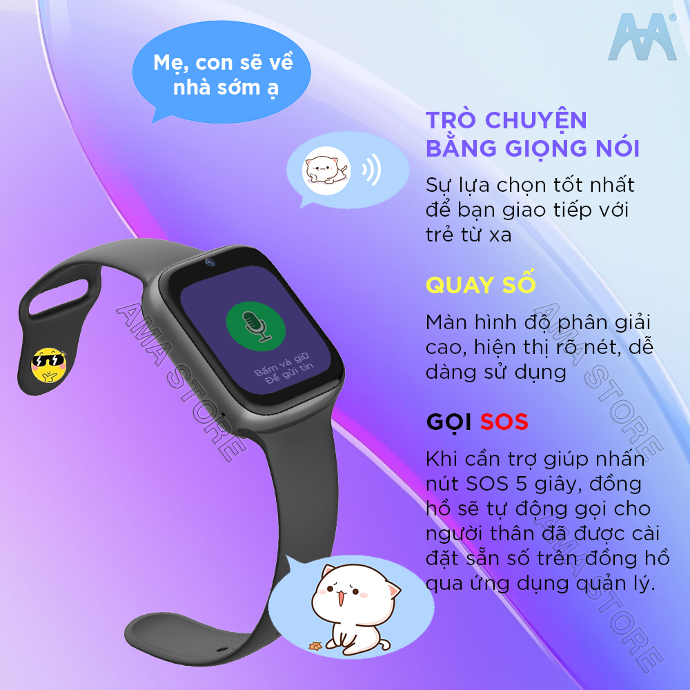 Đồng hồ Thông minh Trẻ em Học sinh Tiểu học, THCS, THPT Chống nước Gắn sim Định vị GPS, Wifi Smart Watch AMA HW13 Hàng nhập khẩu
