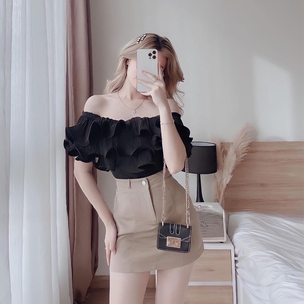 Áo Croptop Trễ Vai Nữ Xếp Ly Viền Tầng