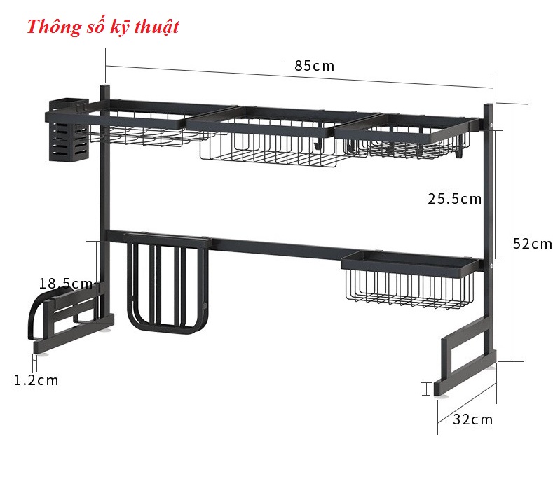 KỆ BẾP- KỆ ĐỂ CHÉN BÁT ĐA NĂNG INOX PHUN SƠN TĨNH ĐIỆN ĐEN TIÊU CHUẨN NHẬT DÀNH CHO CHẬU ĐÔI- KT 85CM