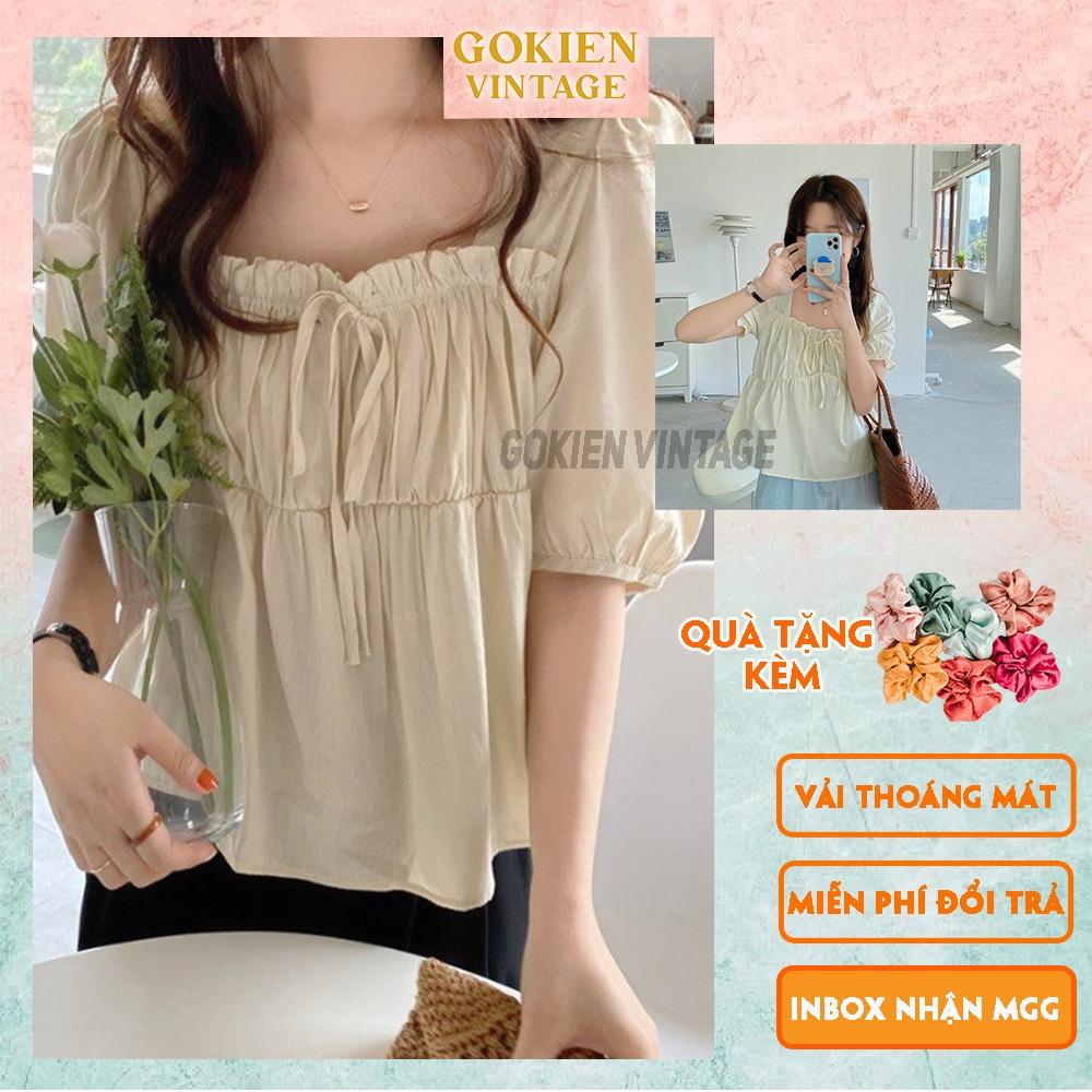 Áo sơ mi cổ vuông tay lỡ bánh bèo dễ thương Ulzzang, GOKIEN VINTAGE