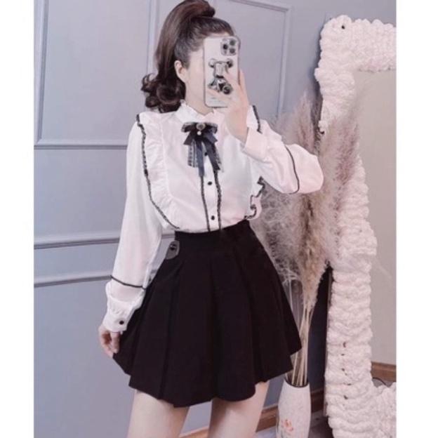 Áo sơ mi phối viền ren phối nơ_500 babydoll bánh bèo mầu trắng