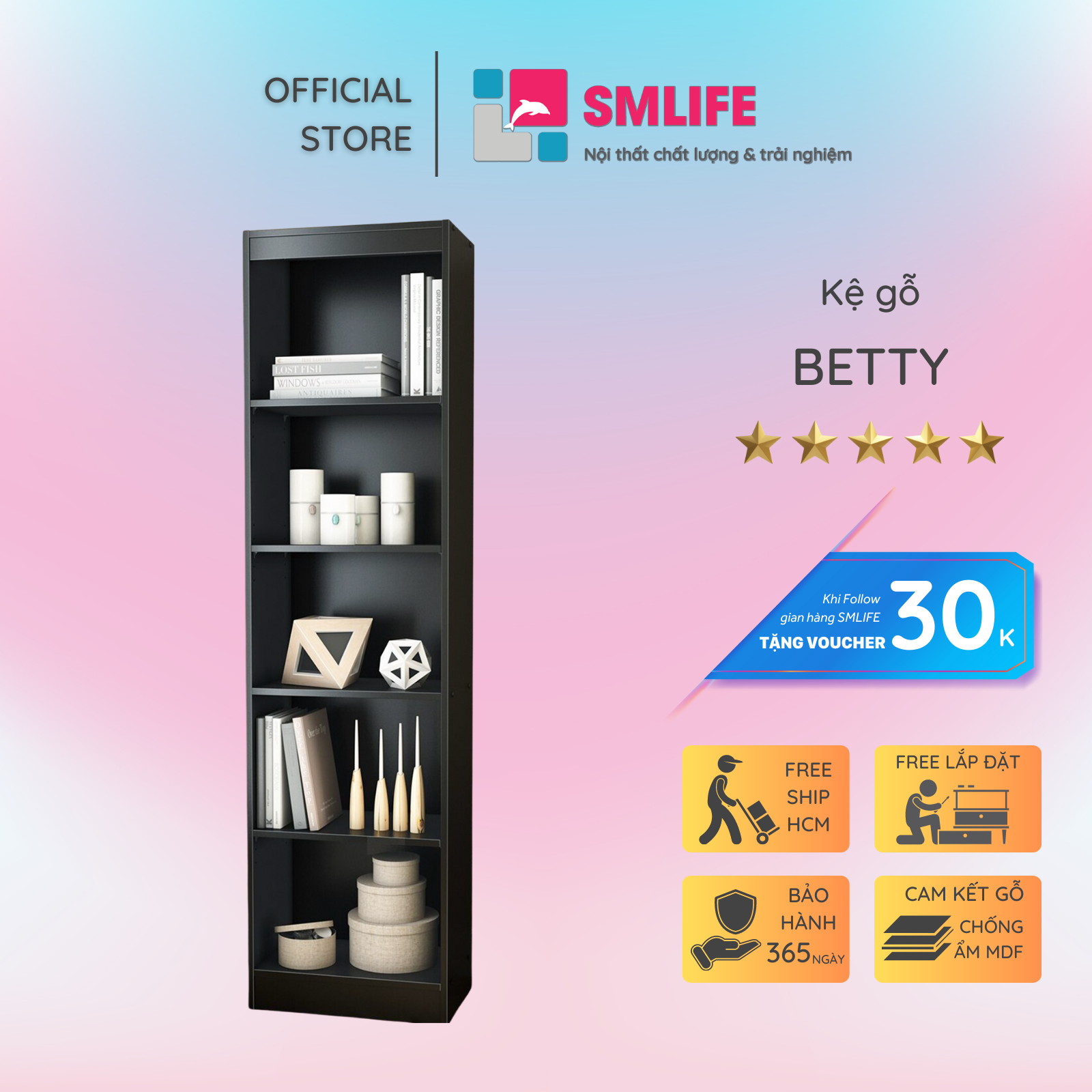 Kệ sách gỗ hiện đại SMLIFE Betty  | Gỗ MDF dày 17mm chống ẩm | D50xR30xC180cm