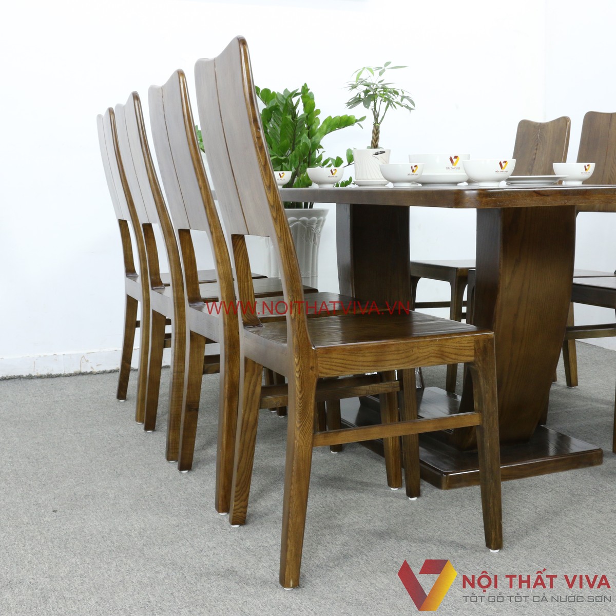 Bộ Bàn Ăn 8 Ghế Gỗ Sồi Nga Chân Chữ U Màu Óc Chó Đẹp Sang Trọng
