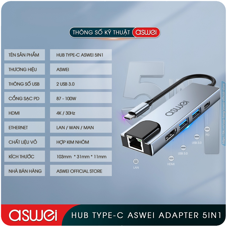 Hub Chuyển Đổi USB Type C ASWEI 5 in 1 To HDMI, USB 3.0, Lan, PD 100W - Hàng Chính Hãng