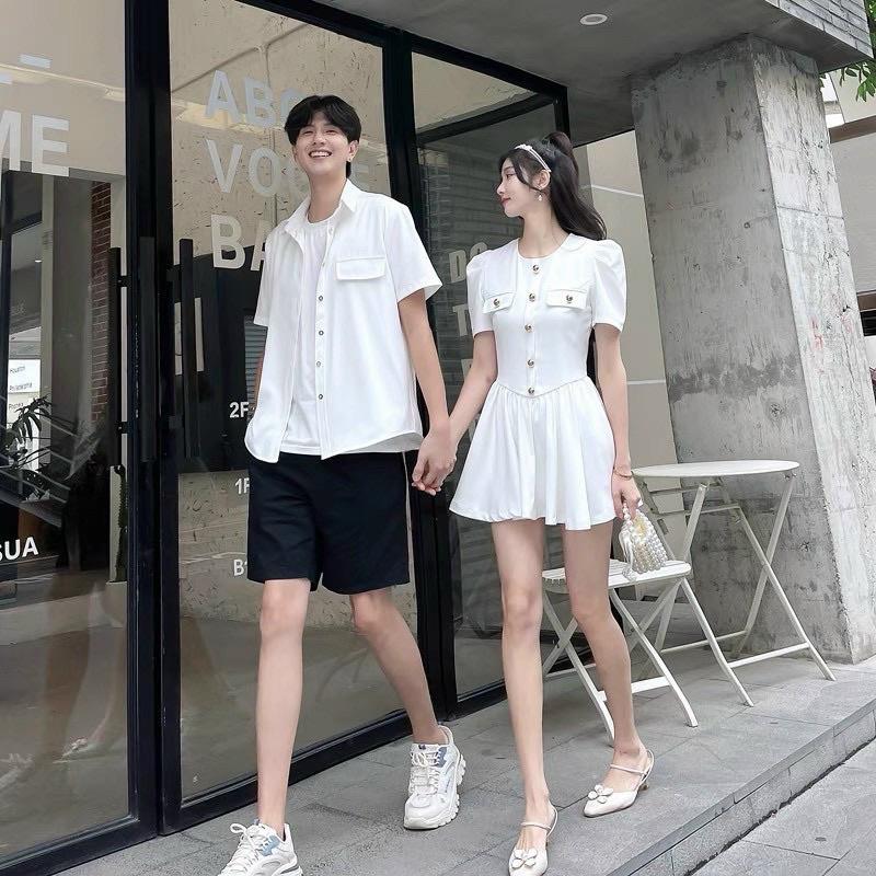 Set áo đôi sơ mi đầm xòe màu trắng phong cách Hàn Quốc, đồ cặp tình nhân couple
