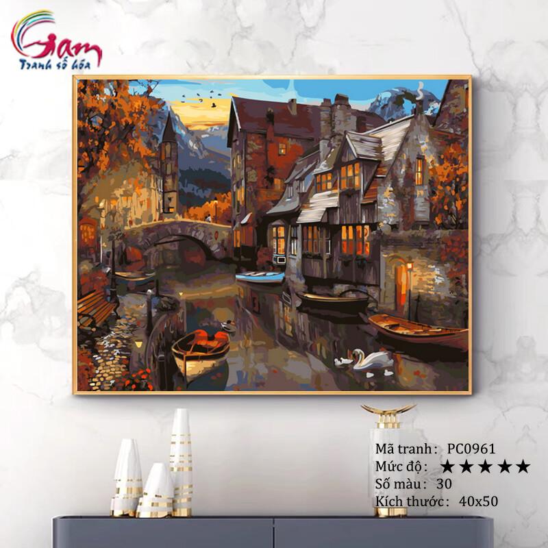 Tranh tự vẽ tự tô màu theo số sơn dầu số hóa phố cổ Venice mùa thu hoàng hôn PC0961