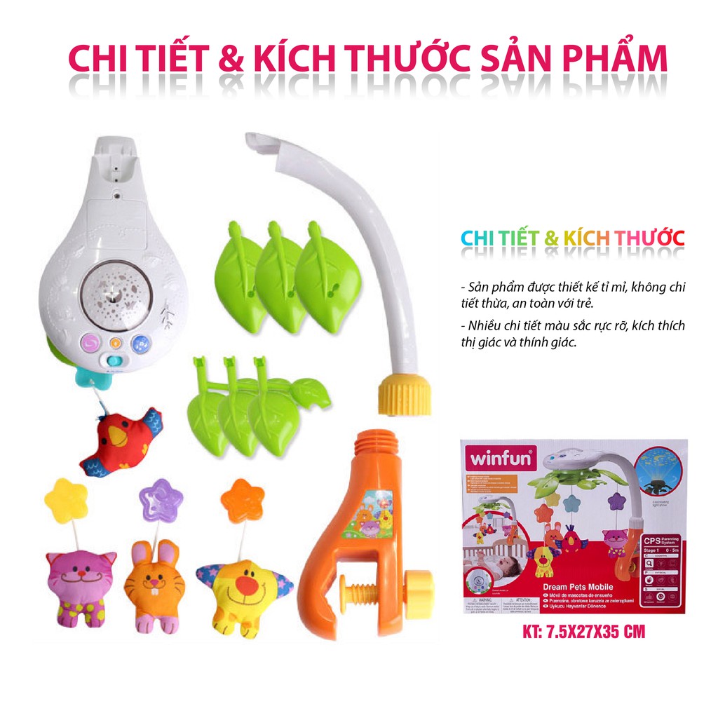 Treo nôi cũi ru ngủ giai điệu nhạc trắng chiếu đèn trăng sao Winfun 0845: hình thú vui nhộn kích thích thị giác trẻ