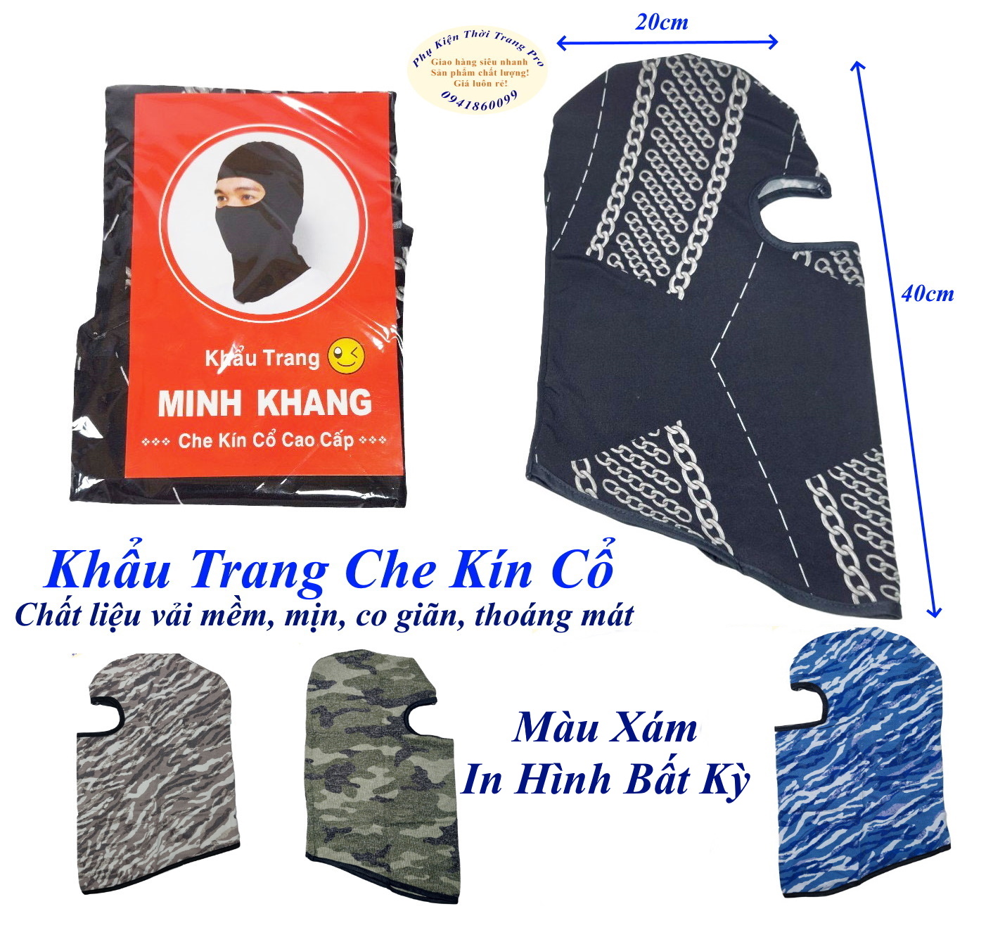 KHẨU TRANG TRÙM ĐẦU Kiểu ninja Chất liệu vải siêu mềm mịn Co giãn Chống nắng Chống bụi Thương hiệu MINH KHANG