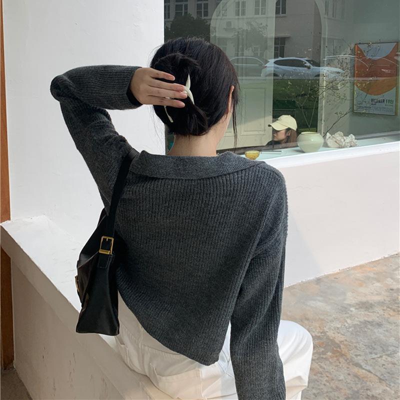 MS807 Áo len nữ dệt kim sợ to túi ngực cổ bẻ croptop