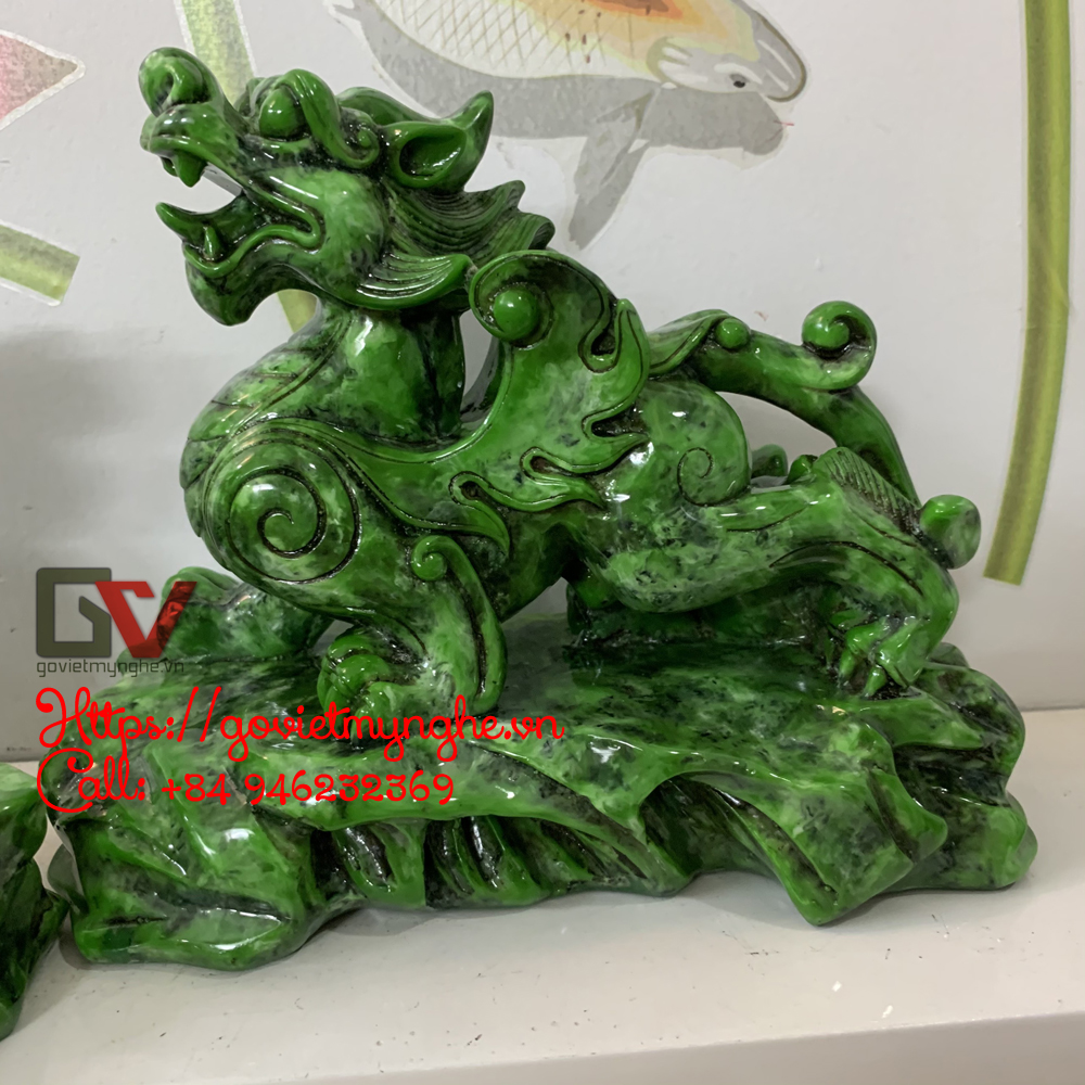 Cặp 2 Tượng Đá Trang Trí Tỳ Hưu Phong Thủy - Dài 20cm x Cao 15cm - Màu Xanh Lục Bích