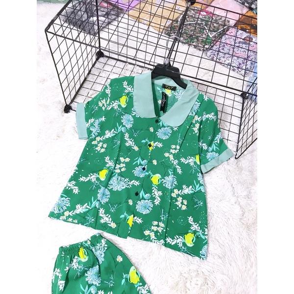Bộ Pijama Lụa mềm mịn Cổ Sen Tay Ngắn xinh xắn