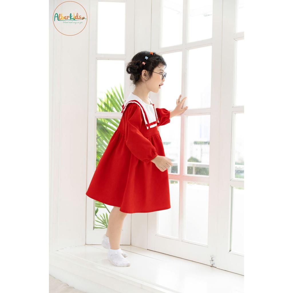 Váy bé gái ALBERKIDS tay dài đỏ nhung tăm phối cổ trắng xinh đẹp cho trẻ em gái từ 2,3,4,5,6,7,8,9,10,11,12 tuổi [V35