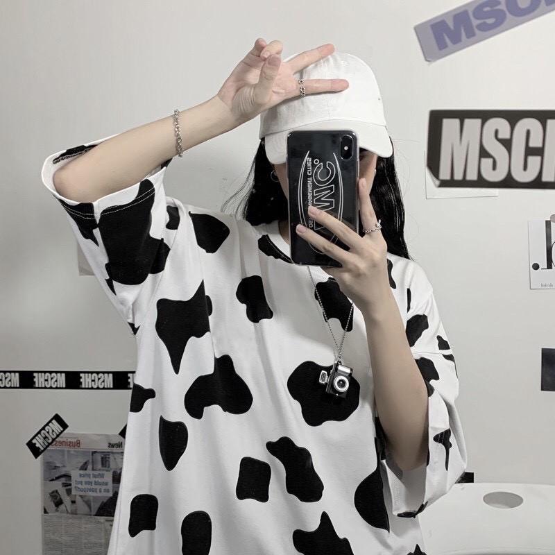 Áo thun tay lỡ unisex Freesize họa tiết bò sữa phong cách thời trang mới cho giới trẻ.